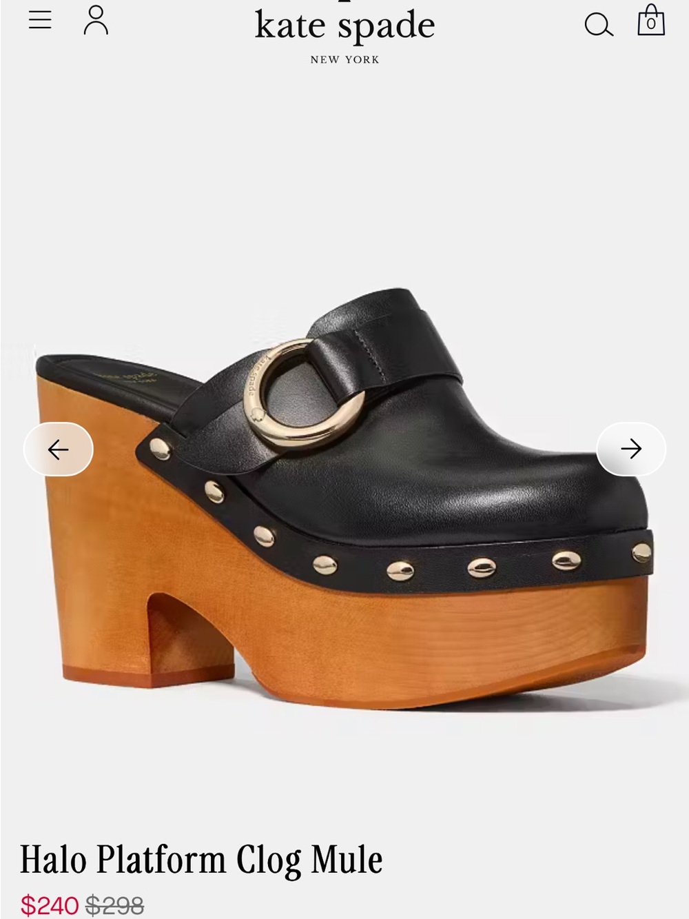 kate spade Black Leather Platform Halo Clog Mule with Tan Wood Heel